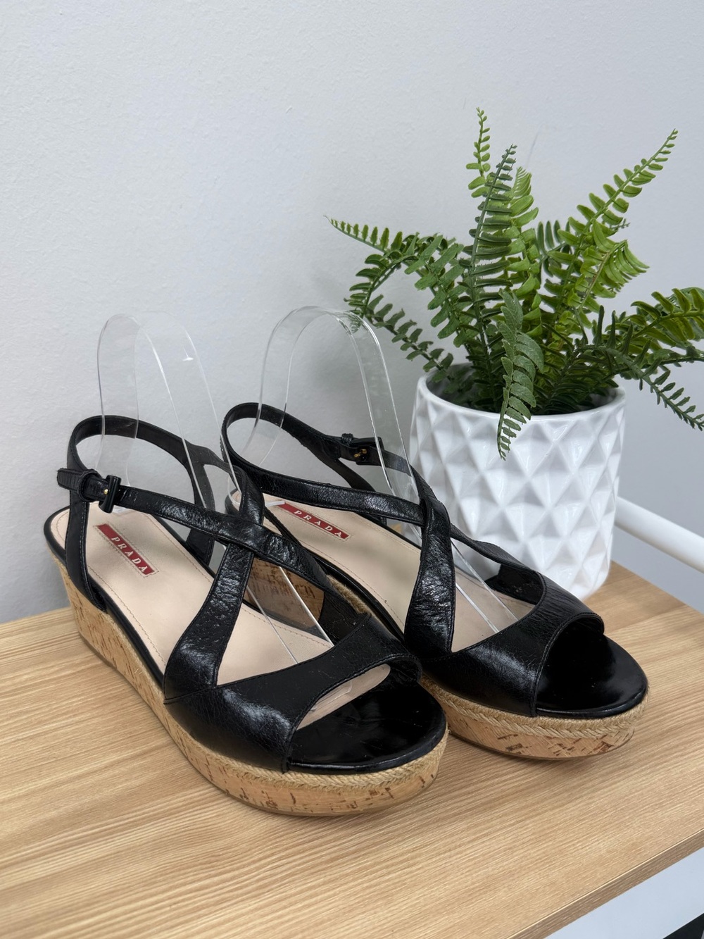 Vintage Prada Black Leather Wedge Sandals with Cork Platform 3XZ144 SZ 39.5